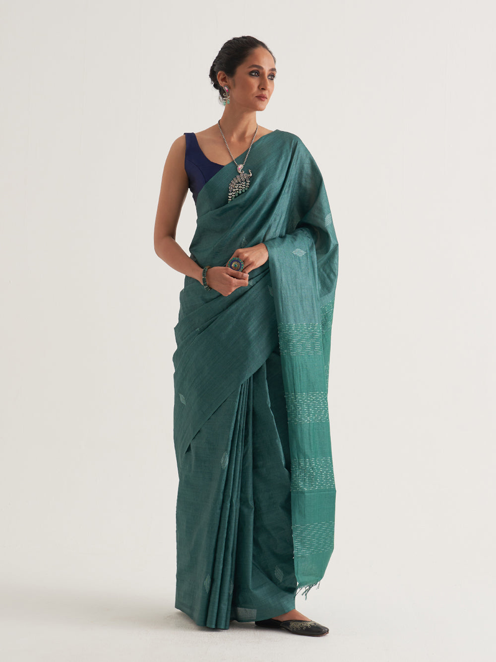 Green White Geometric Motif Woven Saree