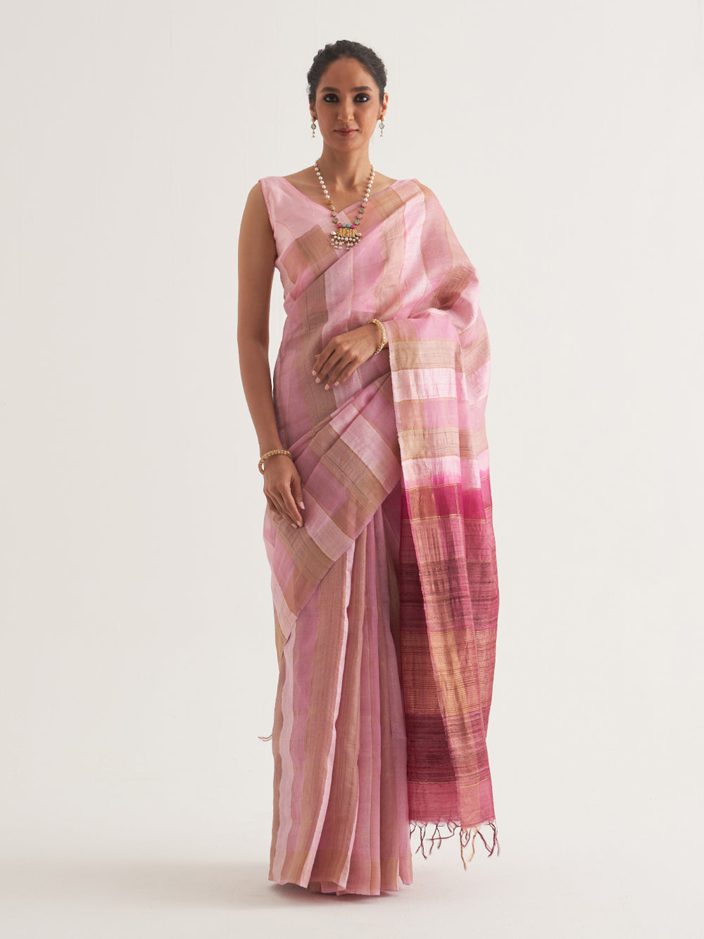 Vertical Pink & Golden Stripes Saree