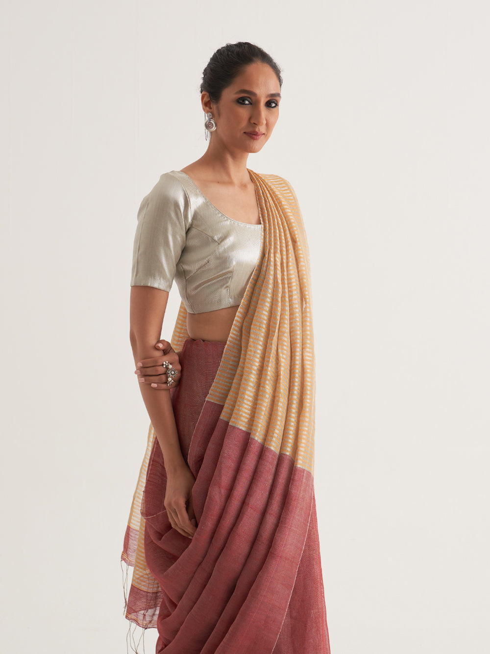 Silver & Orange Stripes Saree