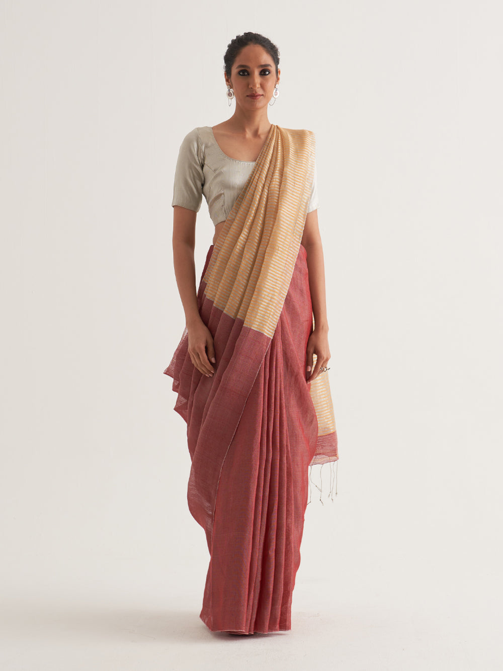 Silver & Orange Stripes Saree