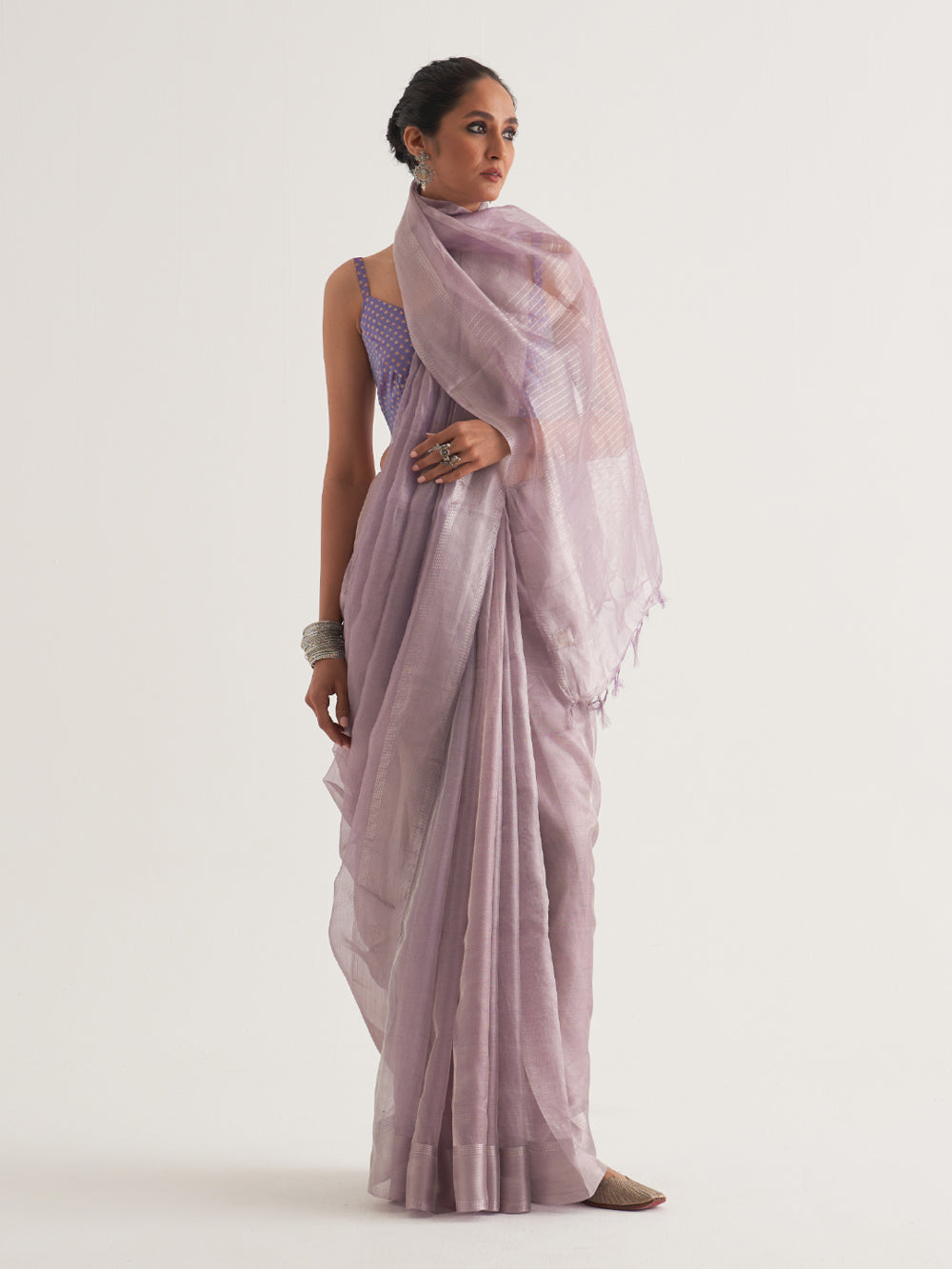 Lilac Silver Border & Stripes Saree