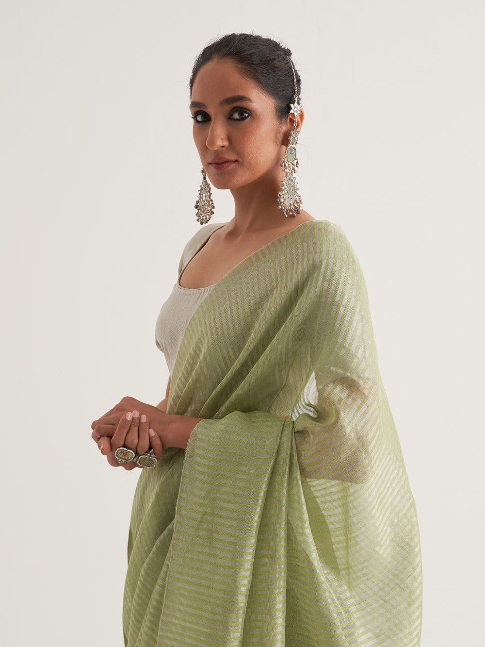 Silver & Green Stripes Saree