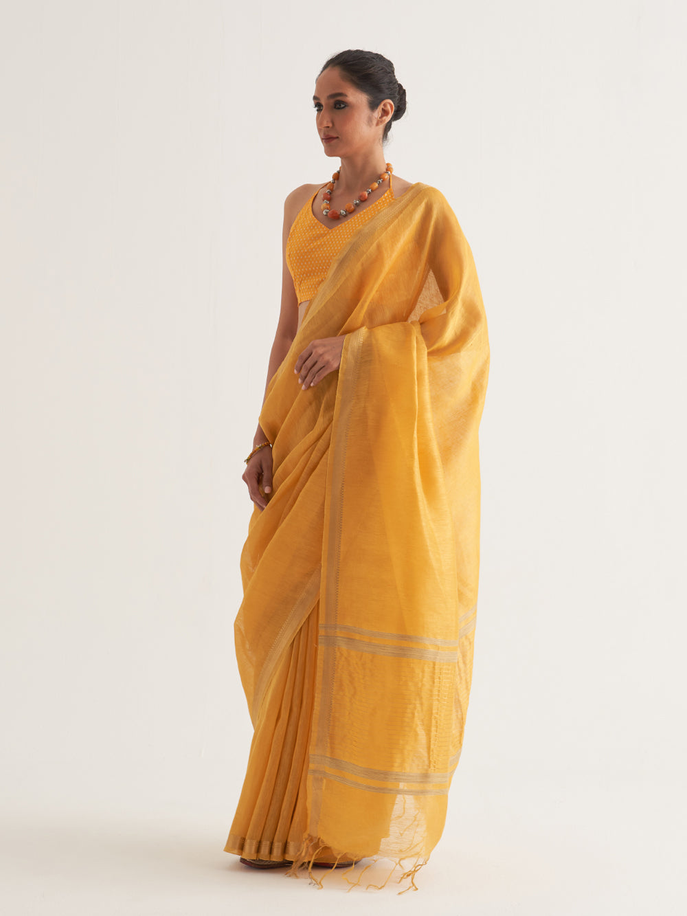 Yellow Gold Border & Stripes Saree