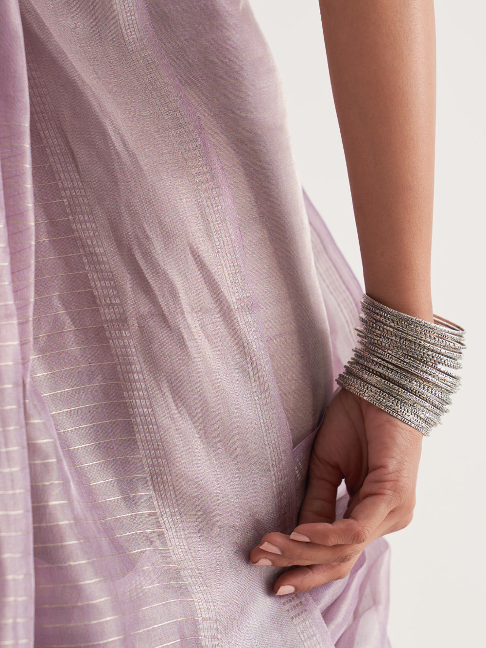 Lilac Silver Border & Stripes Saree