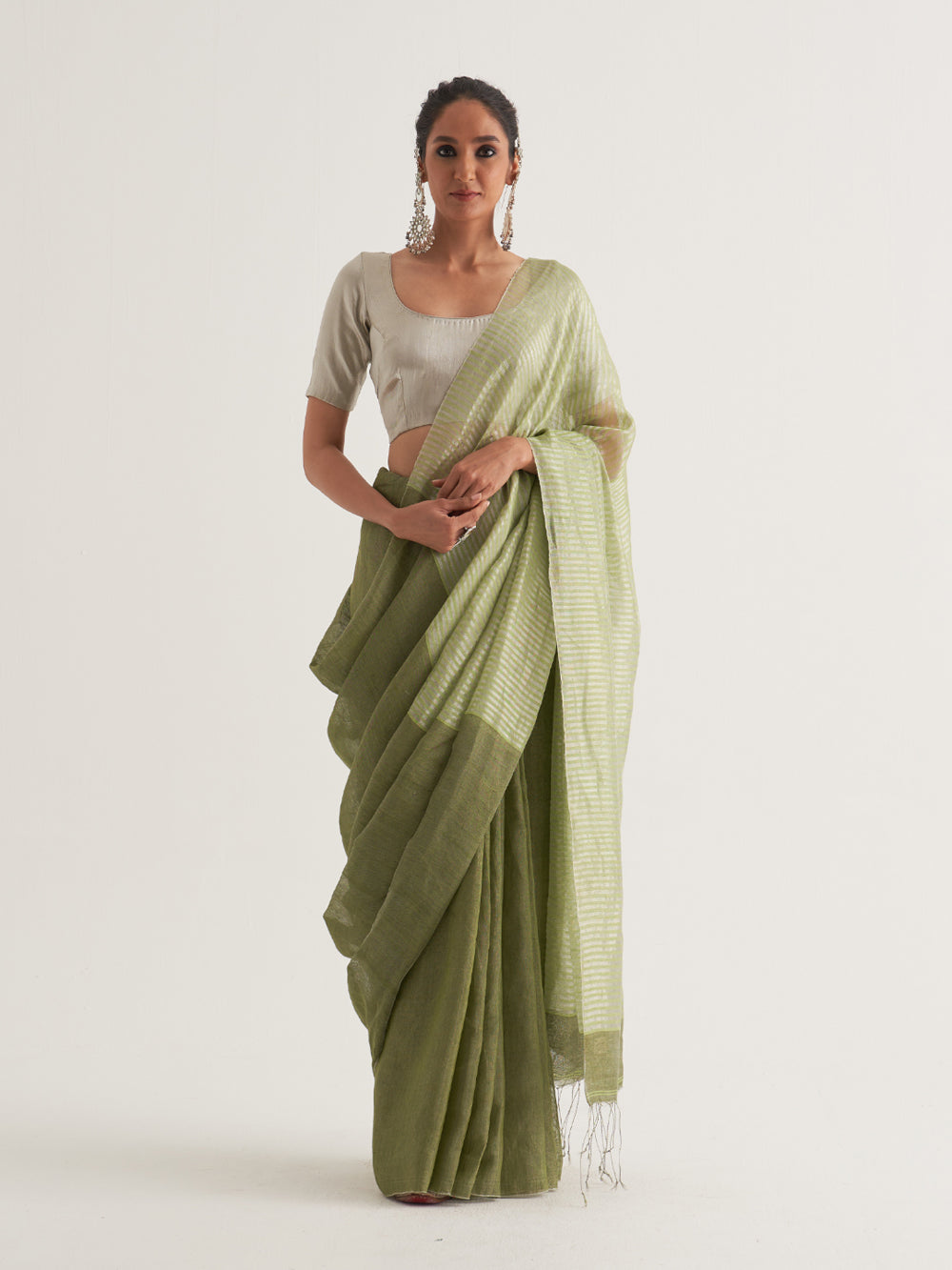 Silver & Green Stripes Saree