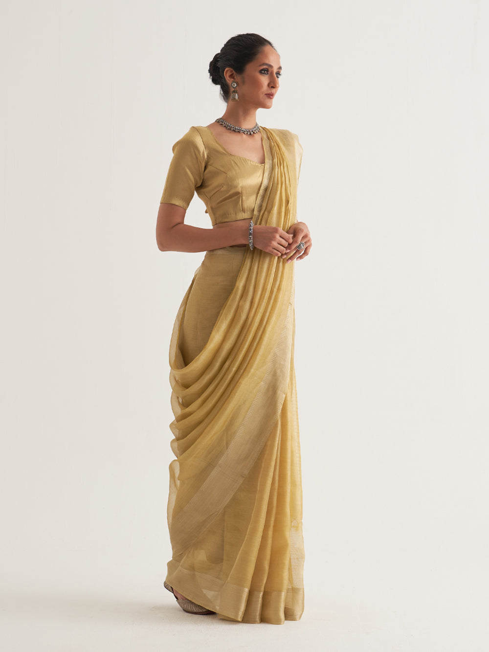 Yellow Silver Border & Stripes Saree