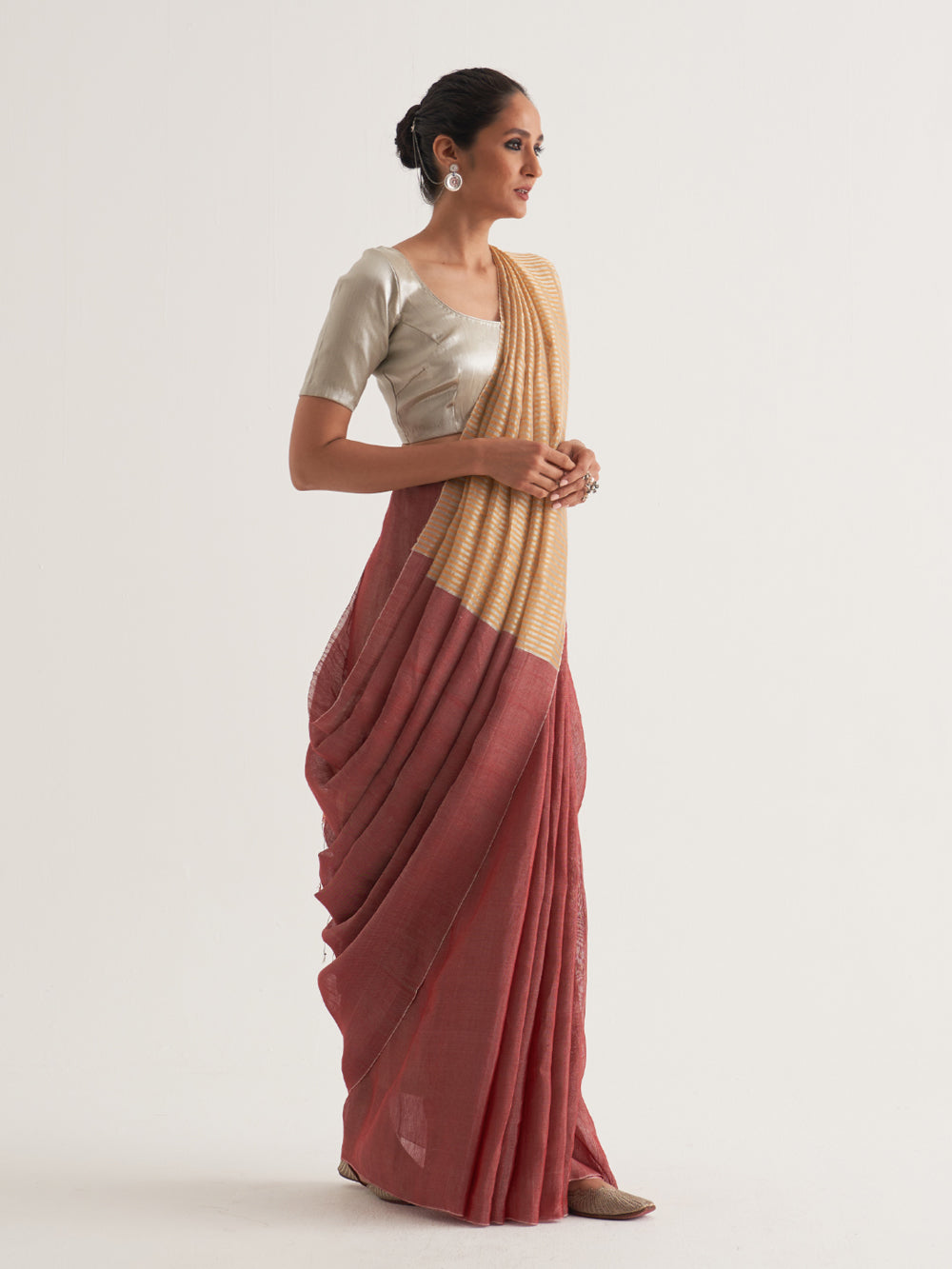 Silver & Orange Stripes Saree