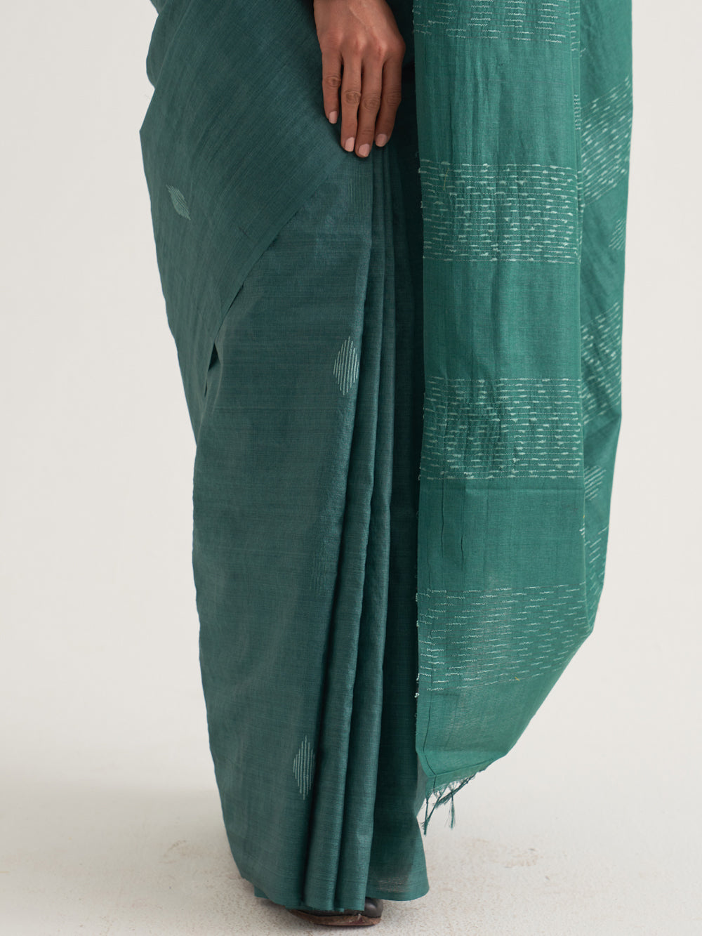 Green White Geometric Motif Woven Saree