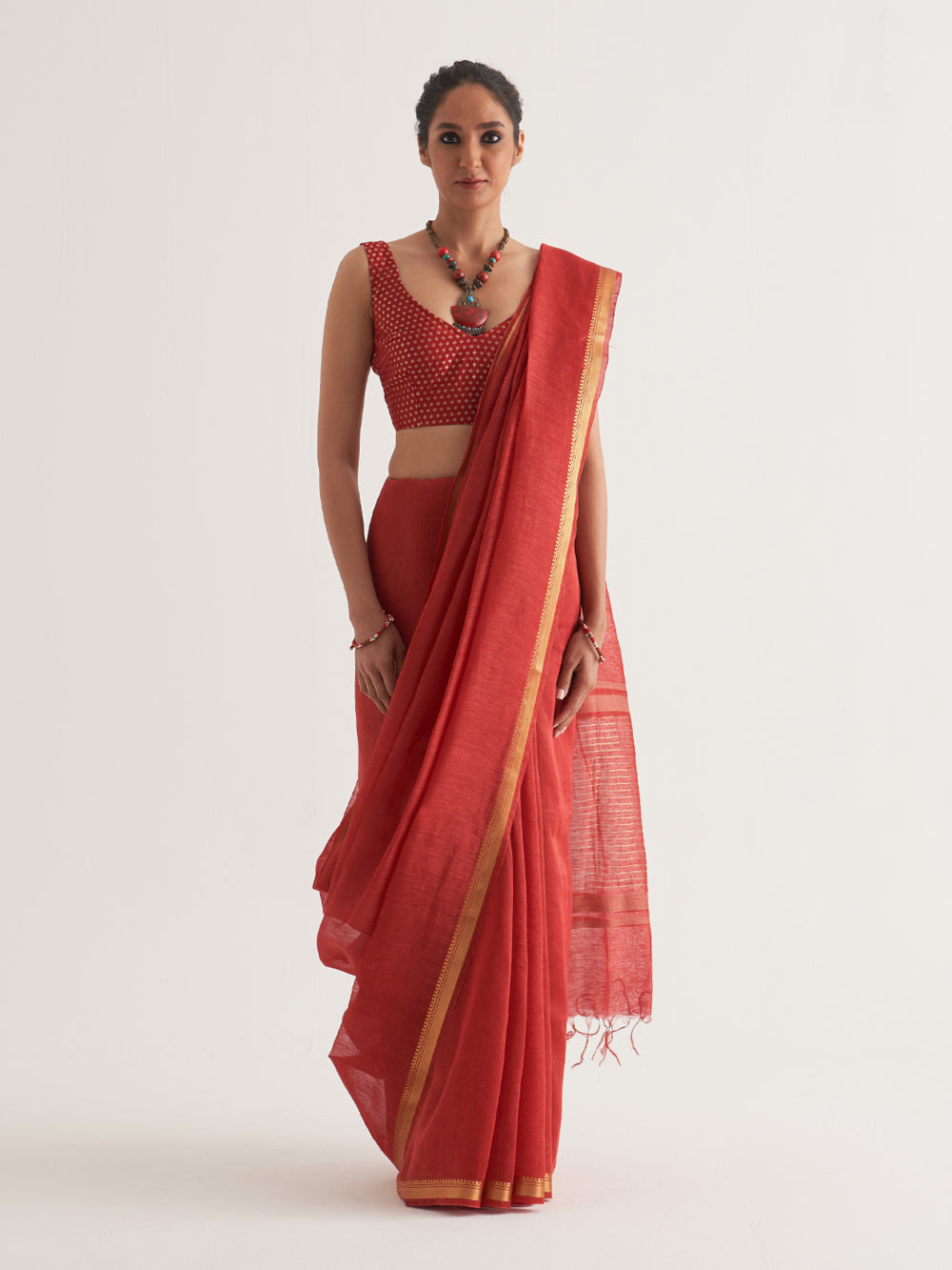 Red Gold Border & Stripes Saree