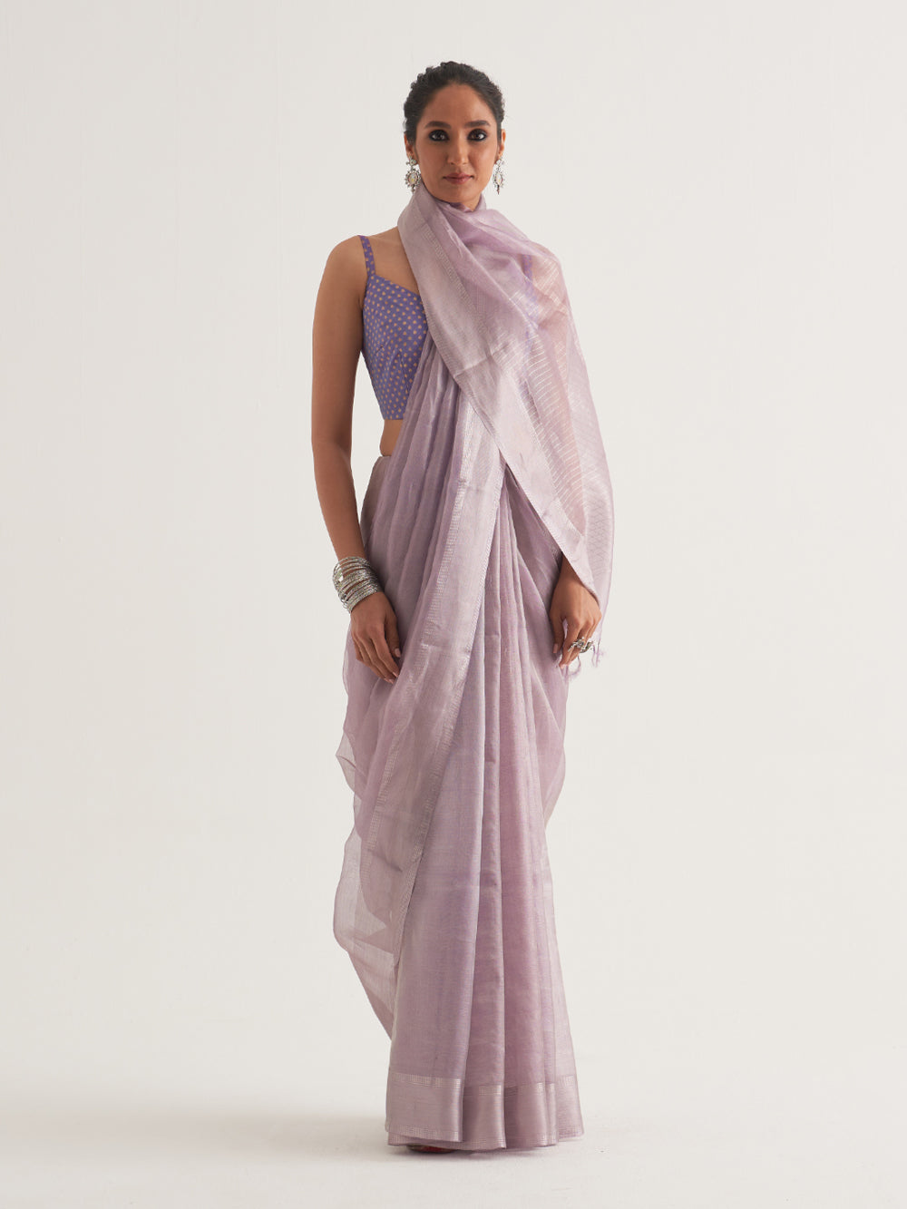 Lilac Silver Border & Stripes Saree