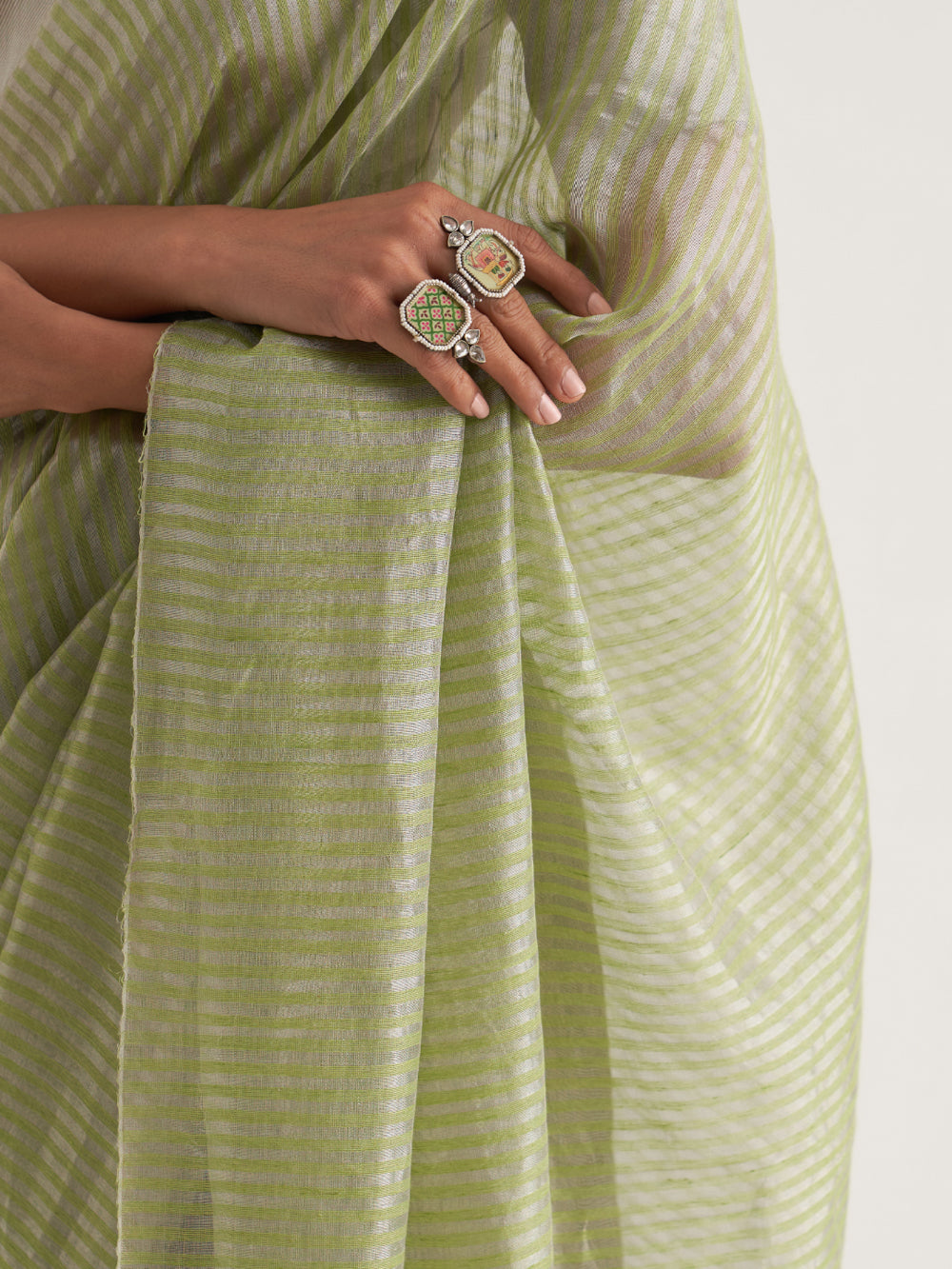 Silver & Green Stripes Saree