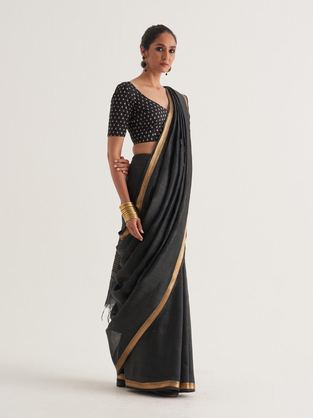 Black Gold Border & Stripes Saree