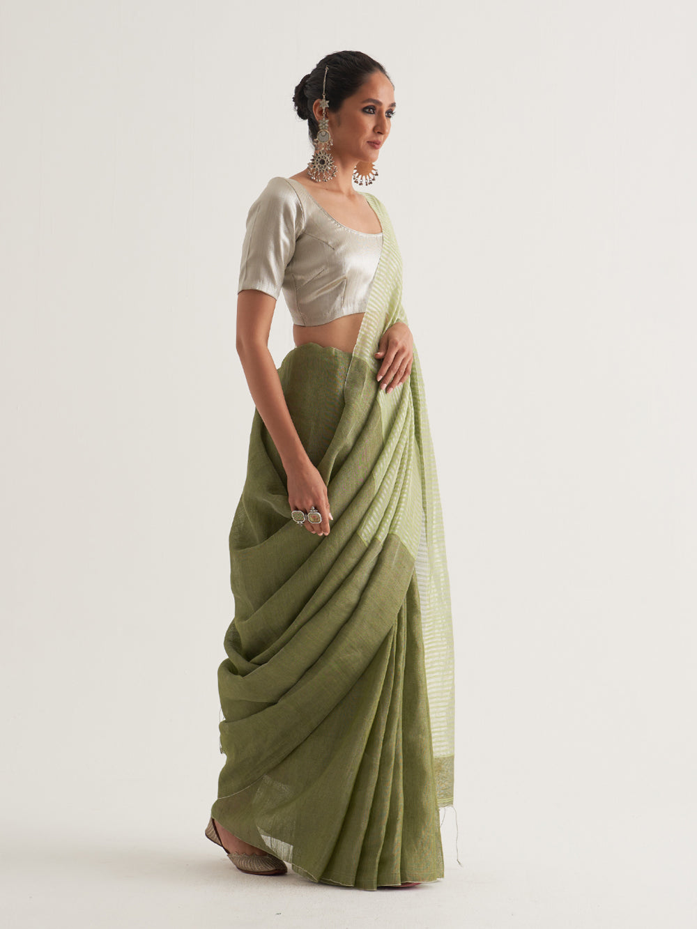 Silver & Green Stripes Saree