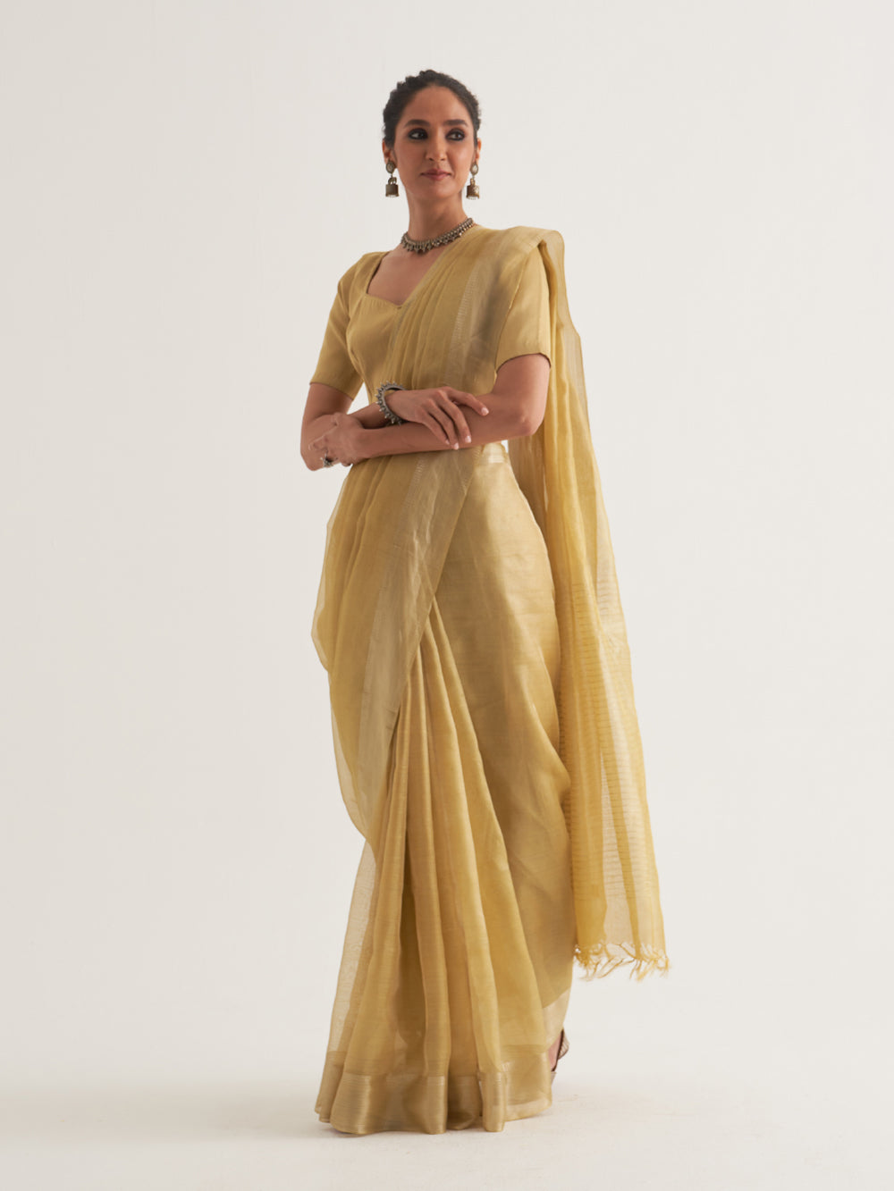 Yellow Silver Border & Stripes Saree