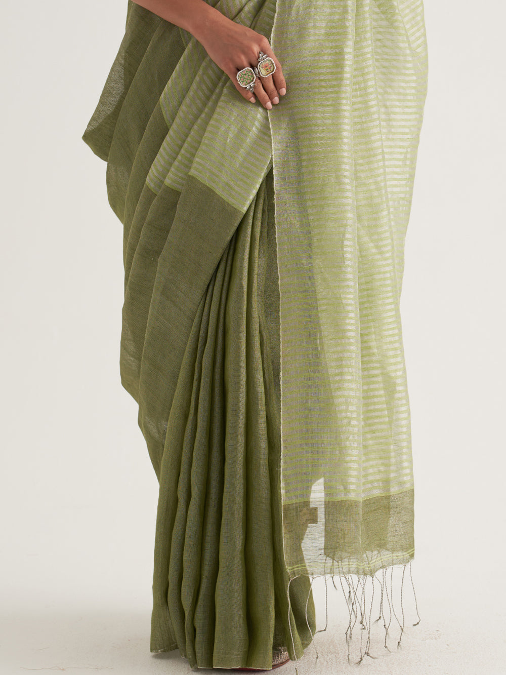 Silver & Green Stripes Saree