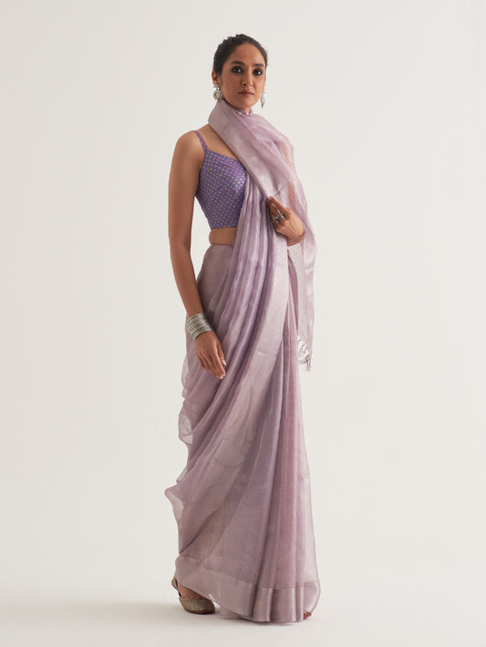 Lilac Silver Border & Stripes Saree