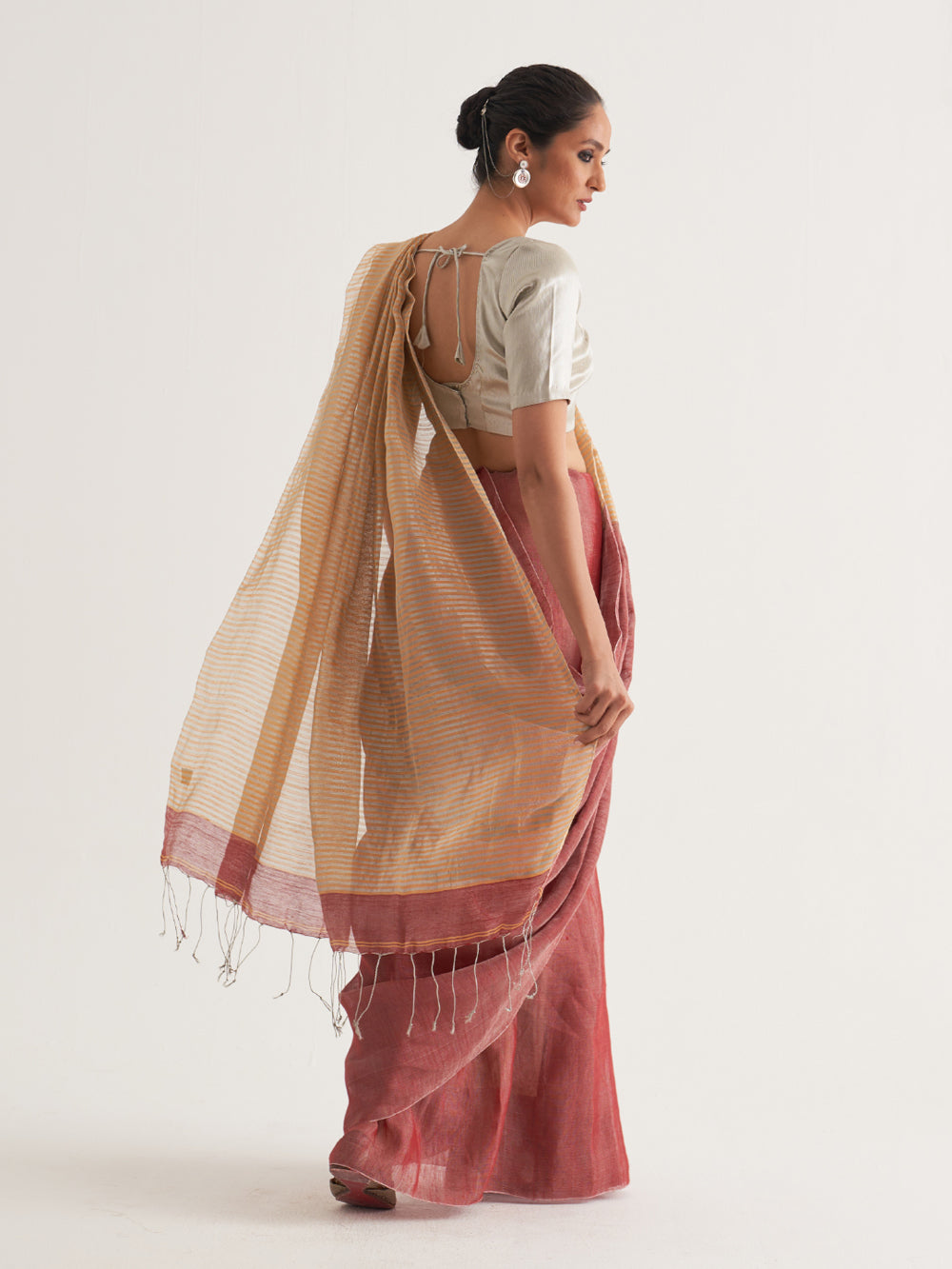 Silver & Orange Stripes Saree