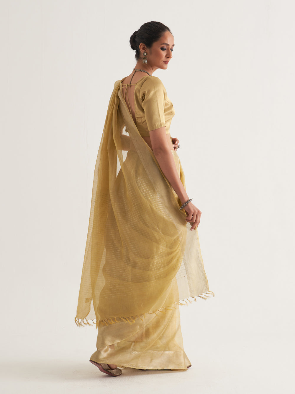 Yellow Silver Border & Stripes Saree