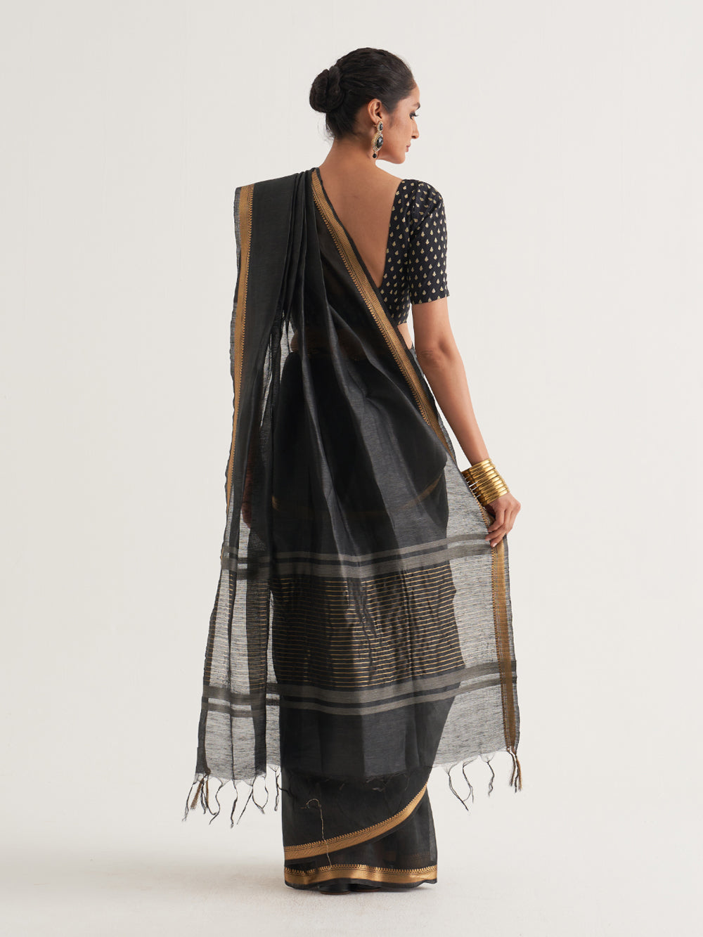 Black Gold Border & Stripes Saree