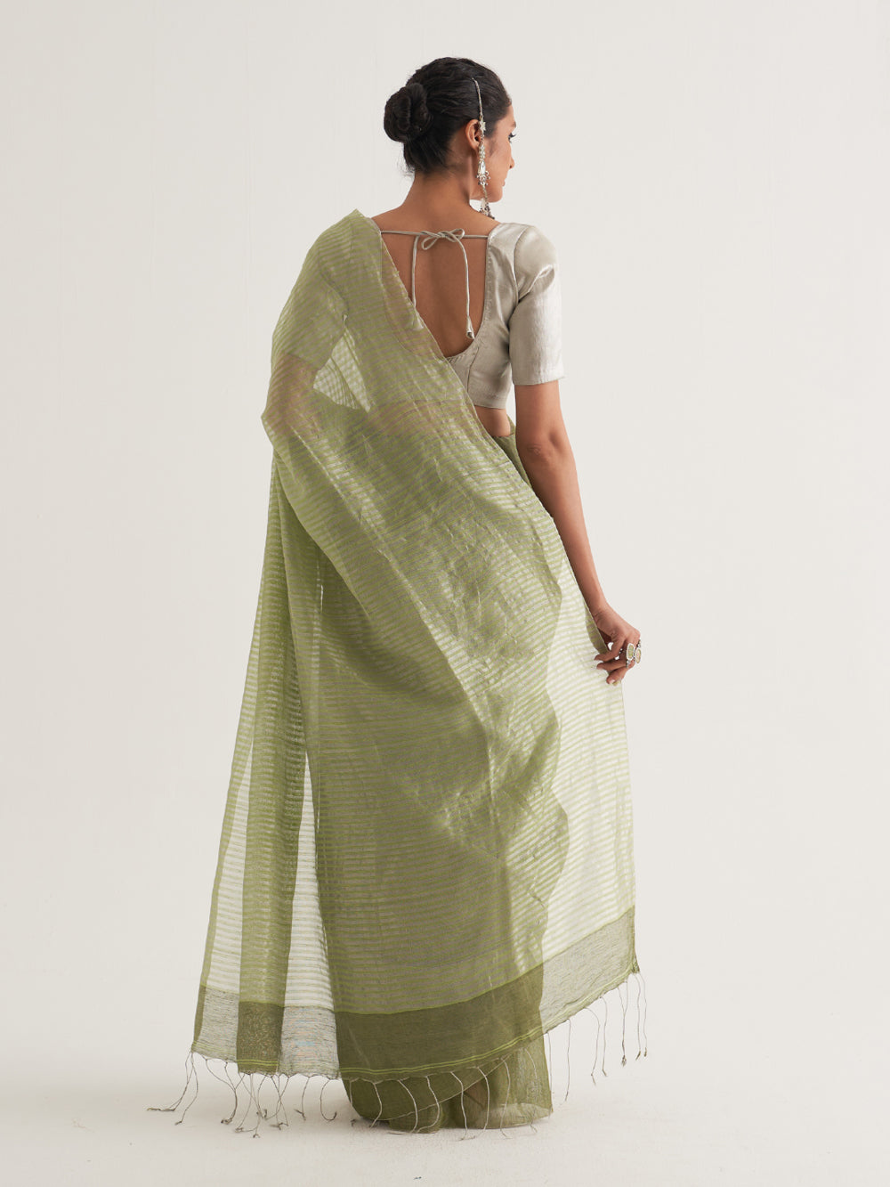 Silver & Green Stripes Saree