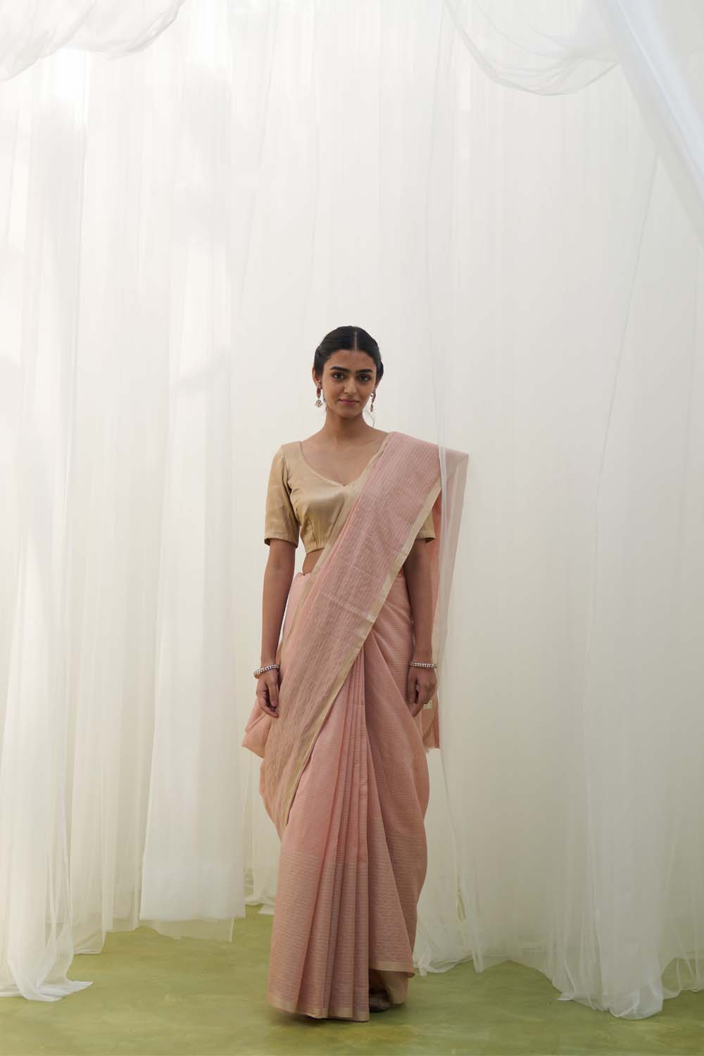 Peach gold silver stripe saree