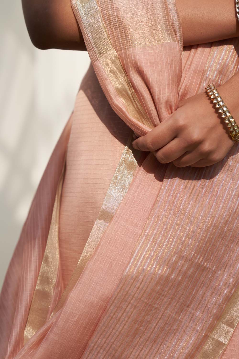 Peach gold silver stripe saree