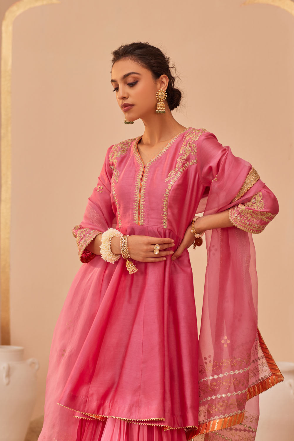 Pink Peplum Kurta Sharara Set