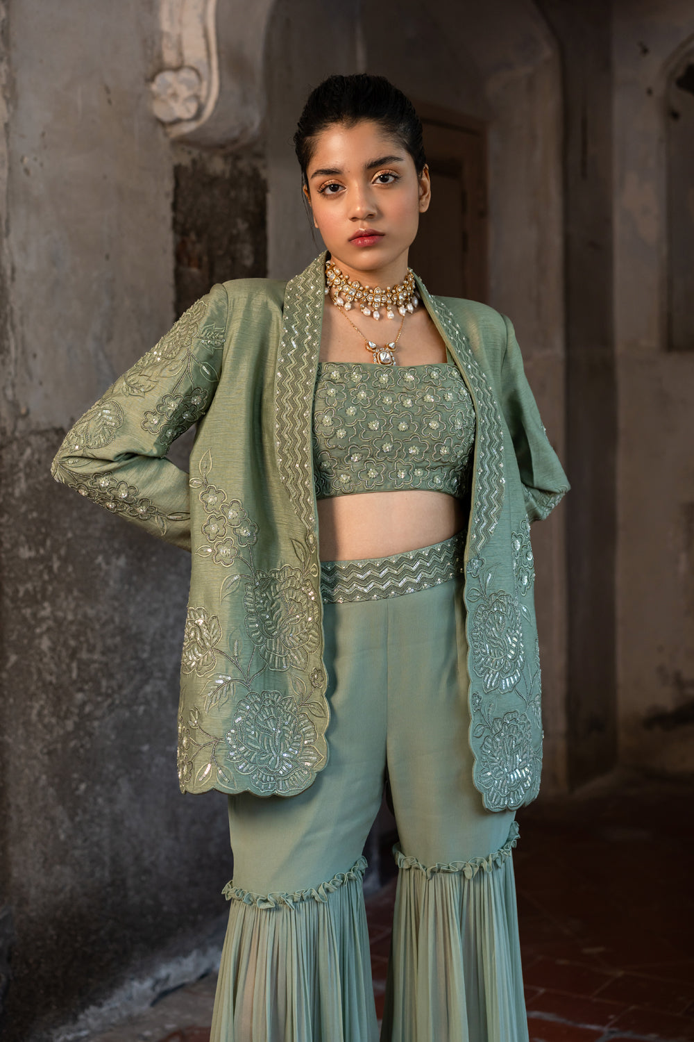 Pista Green Embroidered Blazer & Sharara Set