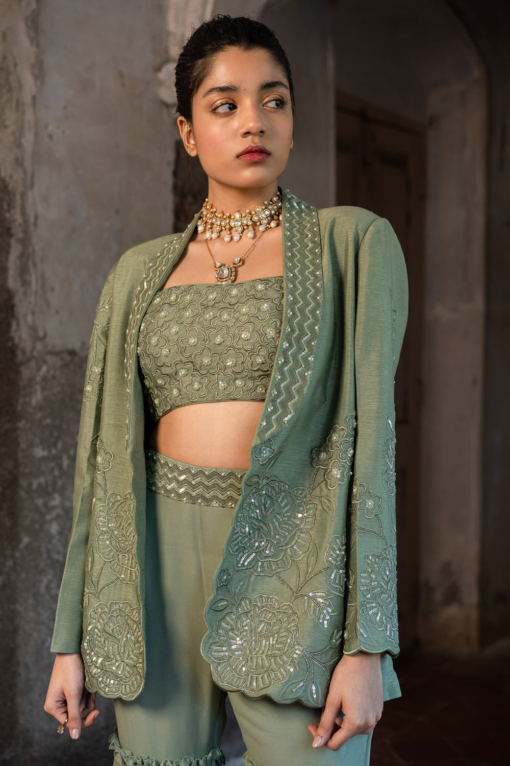 Pista Green Embroidered Blazer & Sharara Set