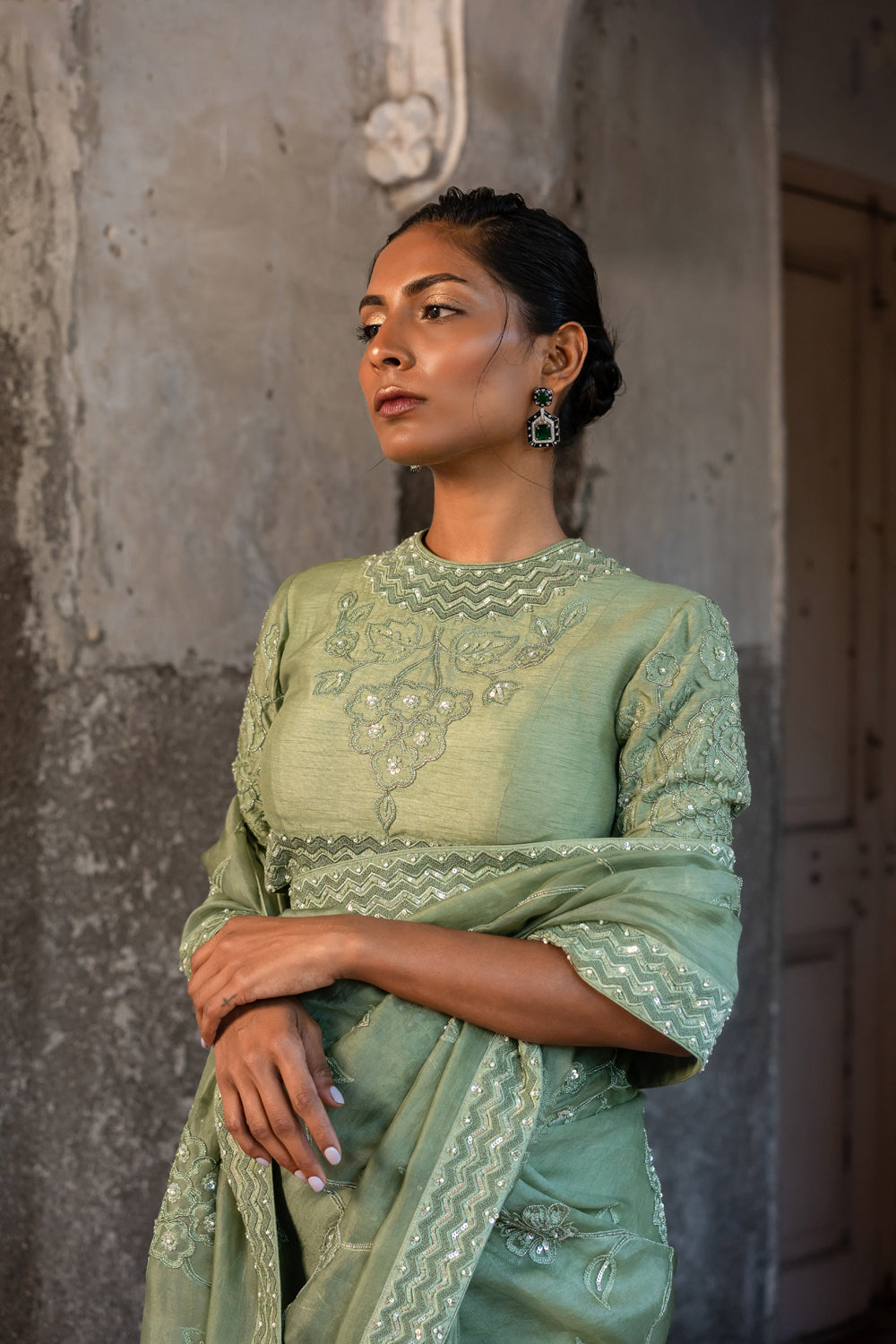 Pista Green Embroidered High Neck Blouse & Saree Set