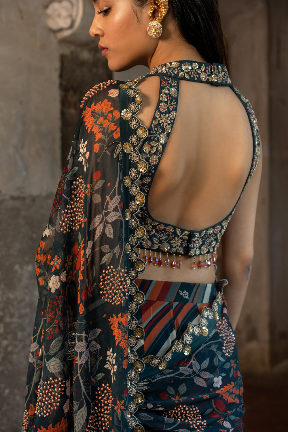 A Teal Blue Skirt Saree With Hand Embroidered Blouse