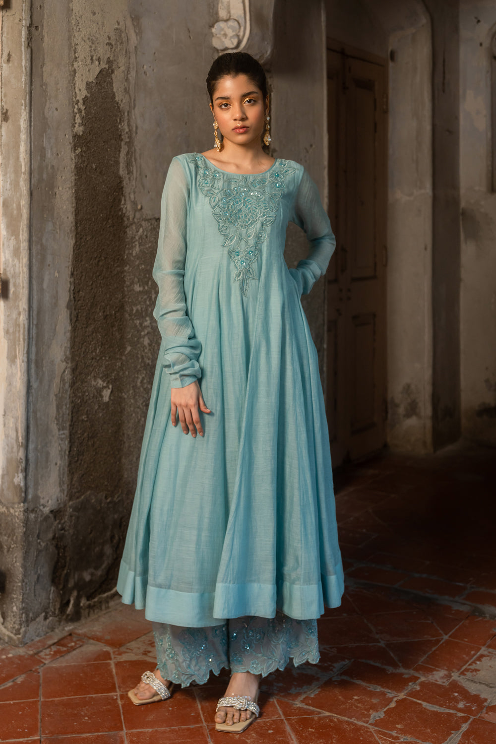 Powder Blue Embroidered Anarkali & Pant Set