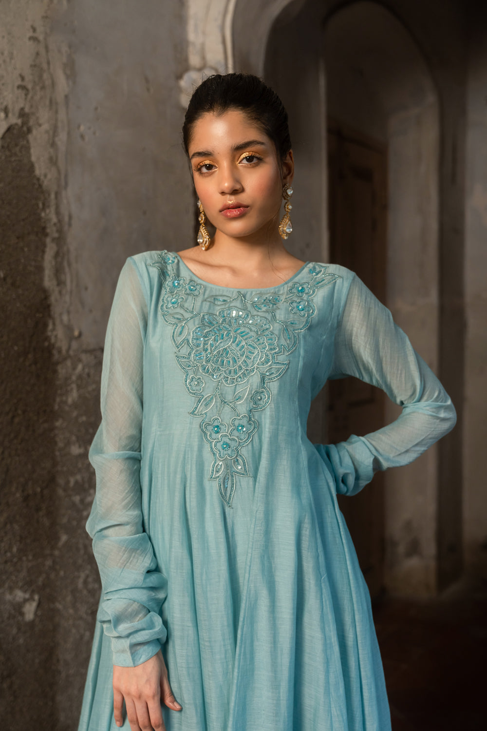 Powder Blue Embroidered Anarkali & Pant Set