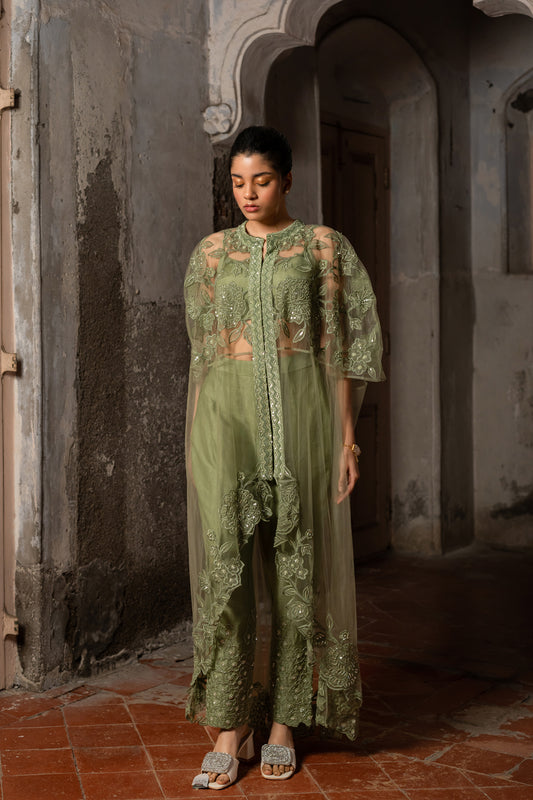 Pista Green Hand Embroidered Long Cape Set