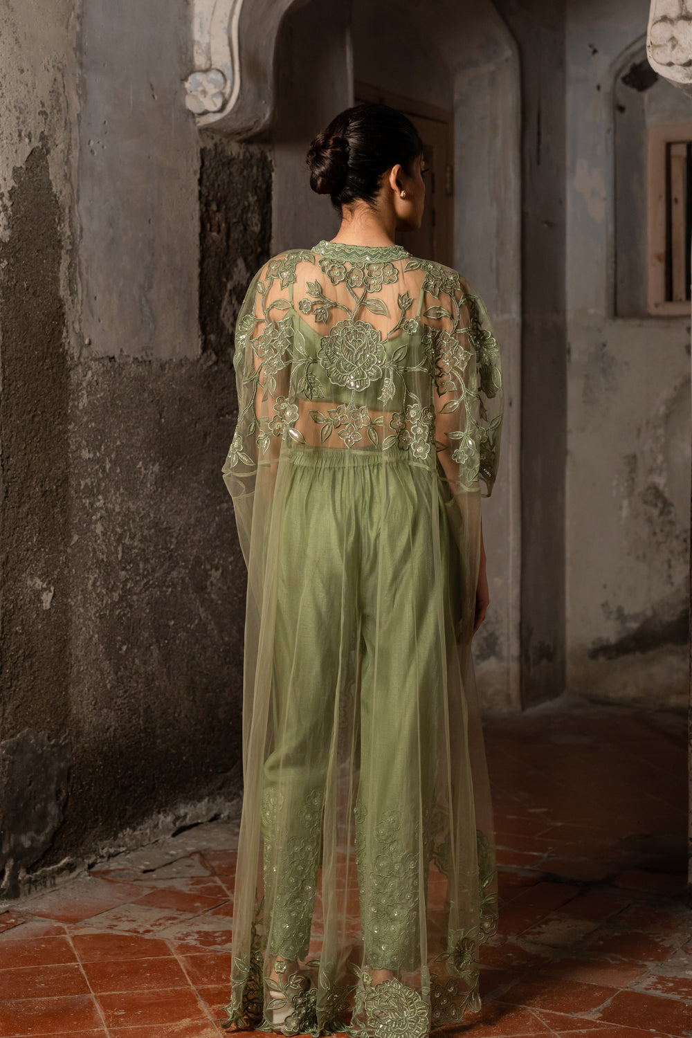 Pista Green Hand Embroidered Long Cape Set