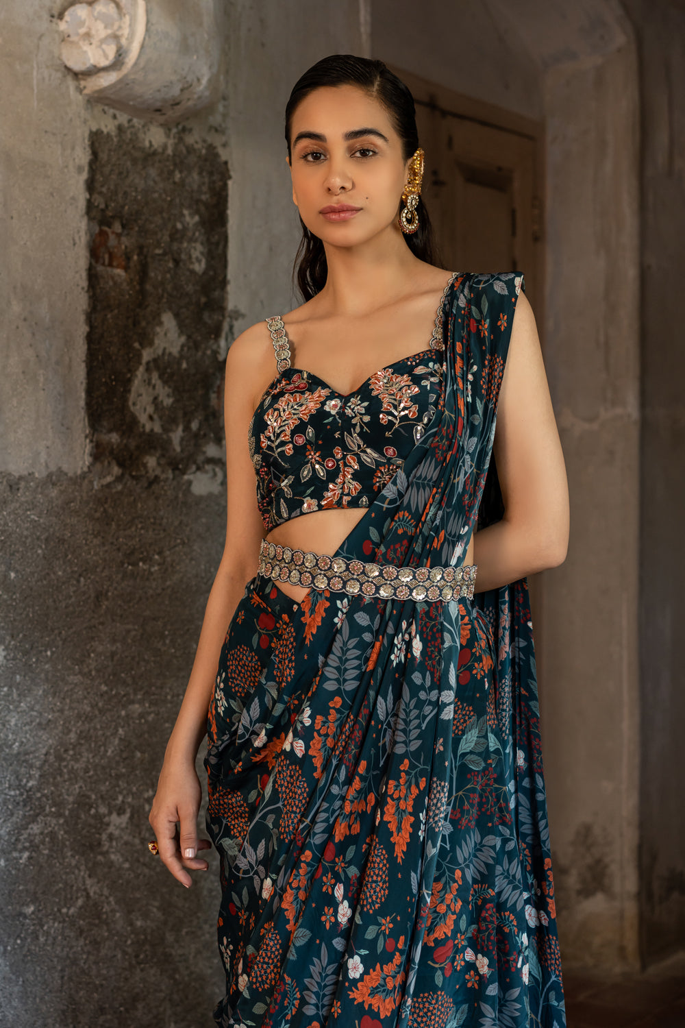 Hand Embroidered Blouse & Printed Draped Saree Set