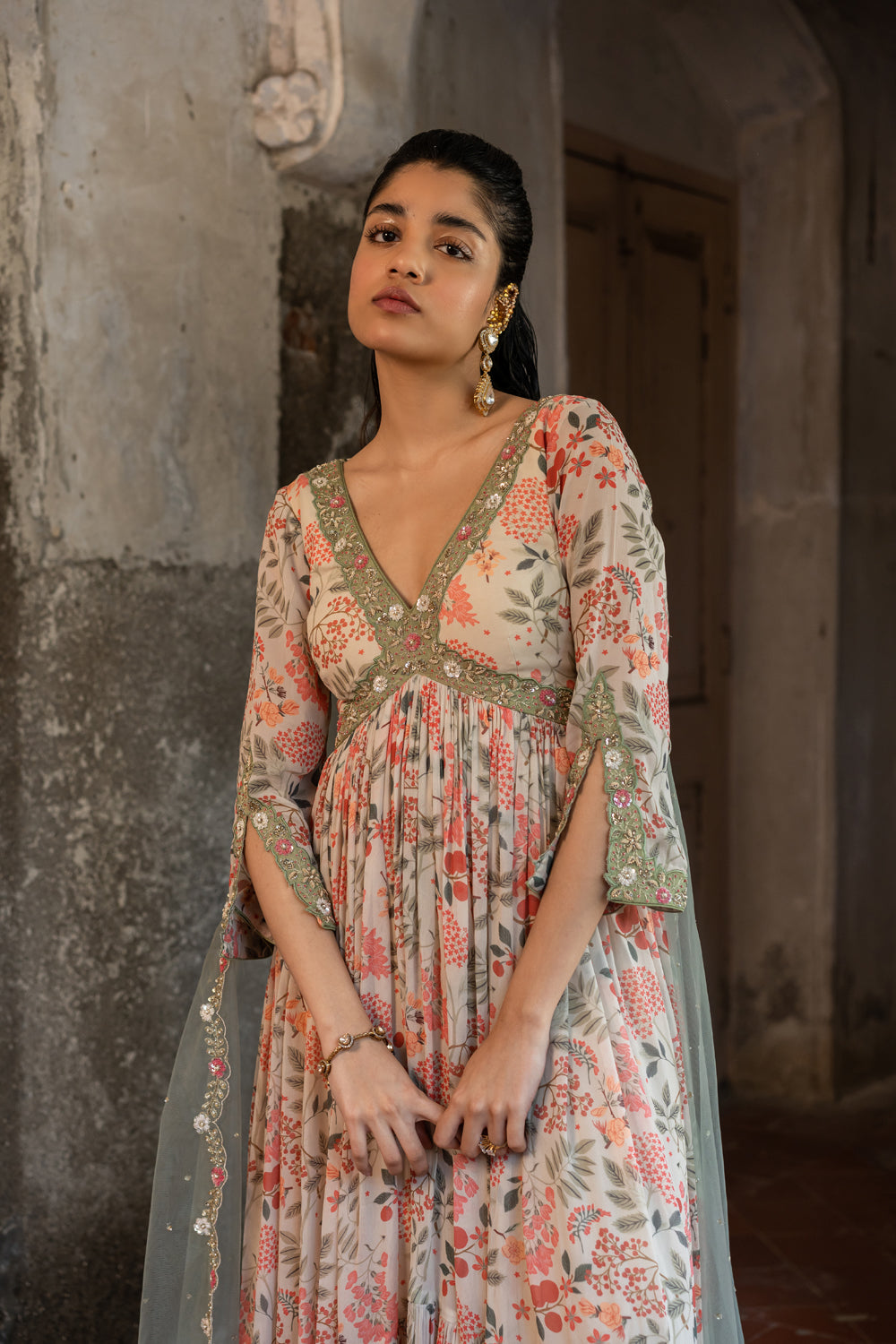 Floral Printed Hand Embroidered Anarkali & Dupatta Set