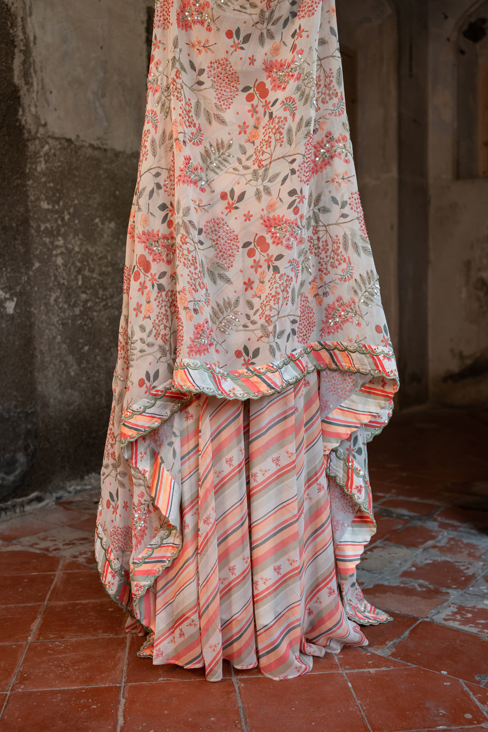 Floral Printed Hand Embroidered Cape Set