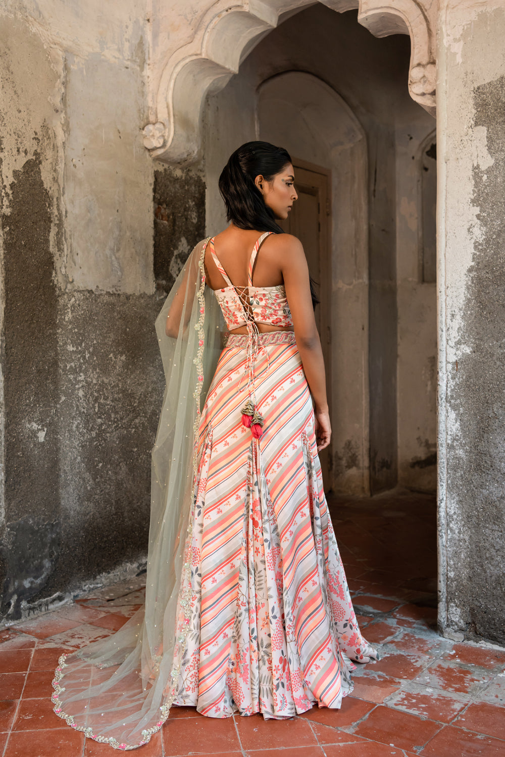 A- Line Printed Hand Embroidered Lehenga Set