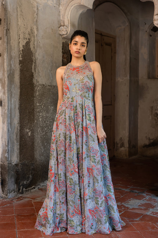 Floral Printed Hand Embroidered Gown