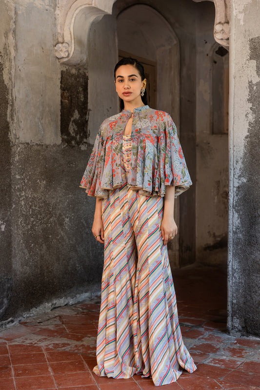Printed Hand Embroidered Jumpsuit & Cape Set