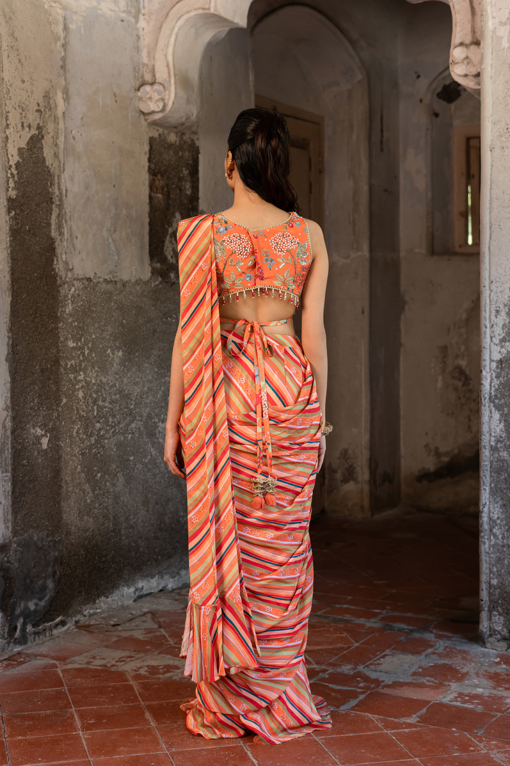 Hand Embroidered Blouse & Printed Draped Saree Set