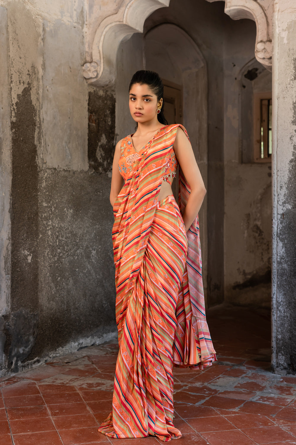 Hand Embroidered Blouse & Printed Draped Saree Set