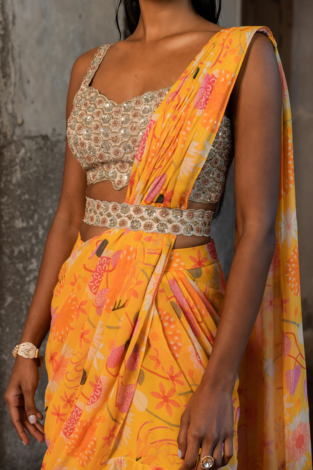 Hand Embroidered Blouse Draped Layer Saree Set