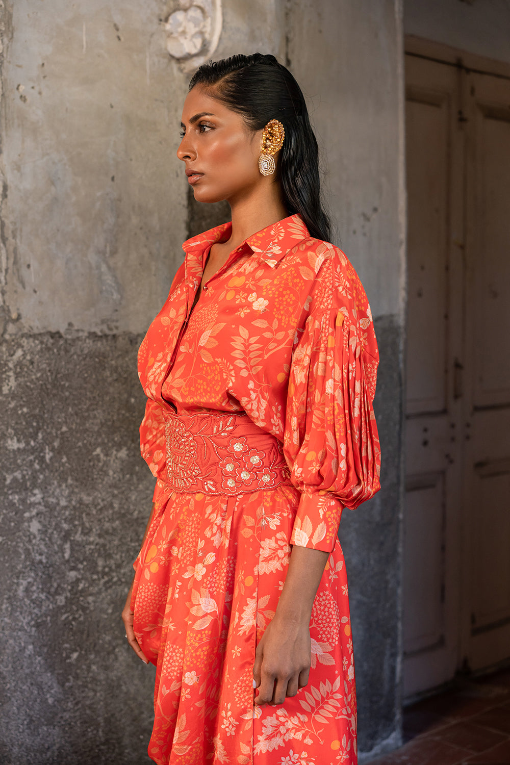 Printed Cowl Shirt Dress Paired With Belt.