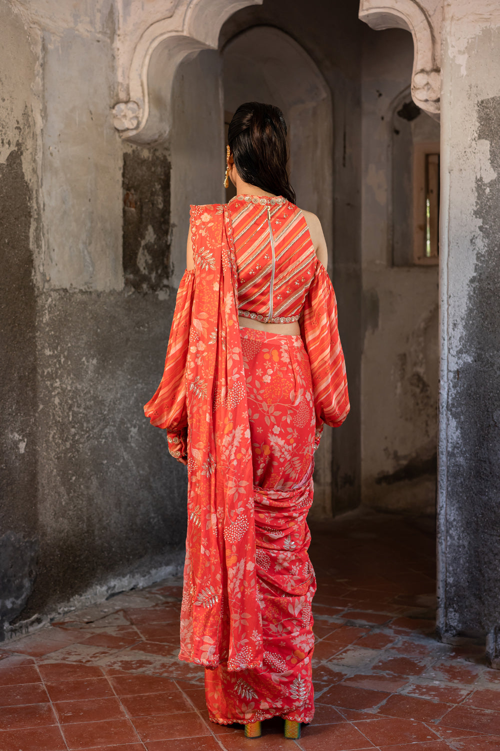 Printed Hand Embroidered Blouse & Draped Saree Set