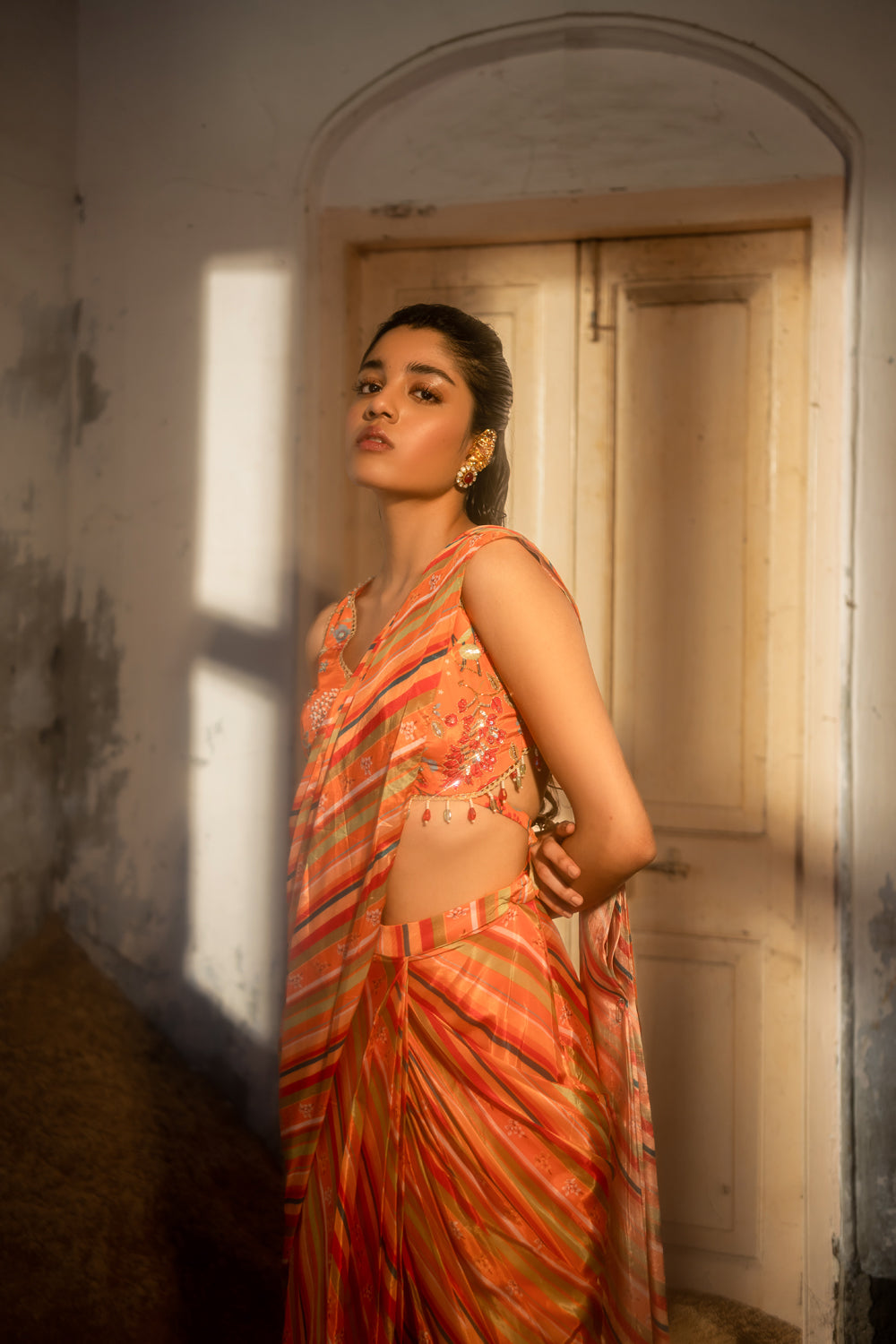 Hand Embroidered Blouse & Printed Draped Saree Set