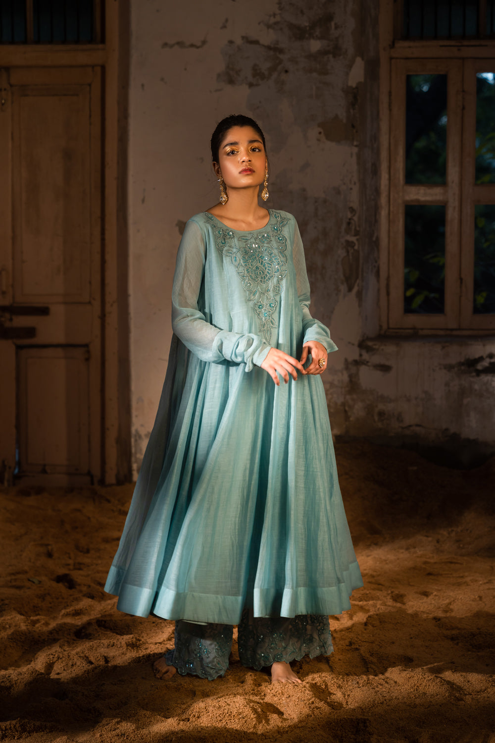 Powder Blue Embroidered Anarkali & Pant Set