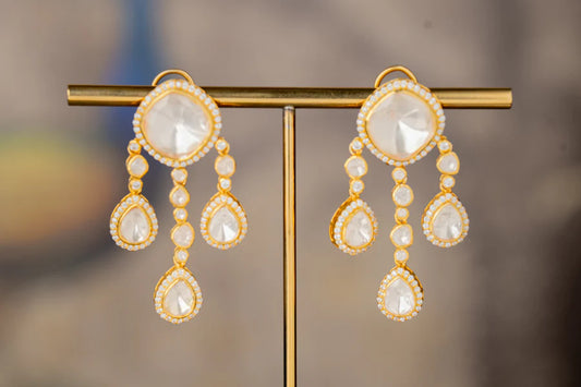 White & Gold Drop Polki Earrings