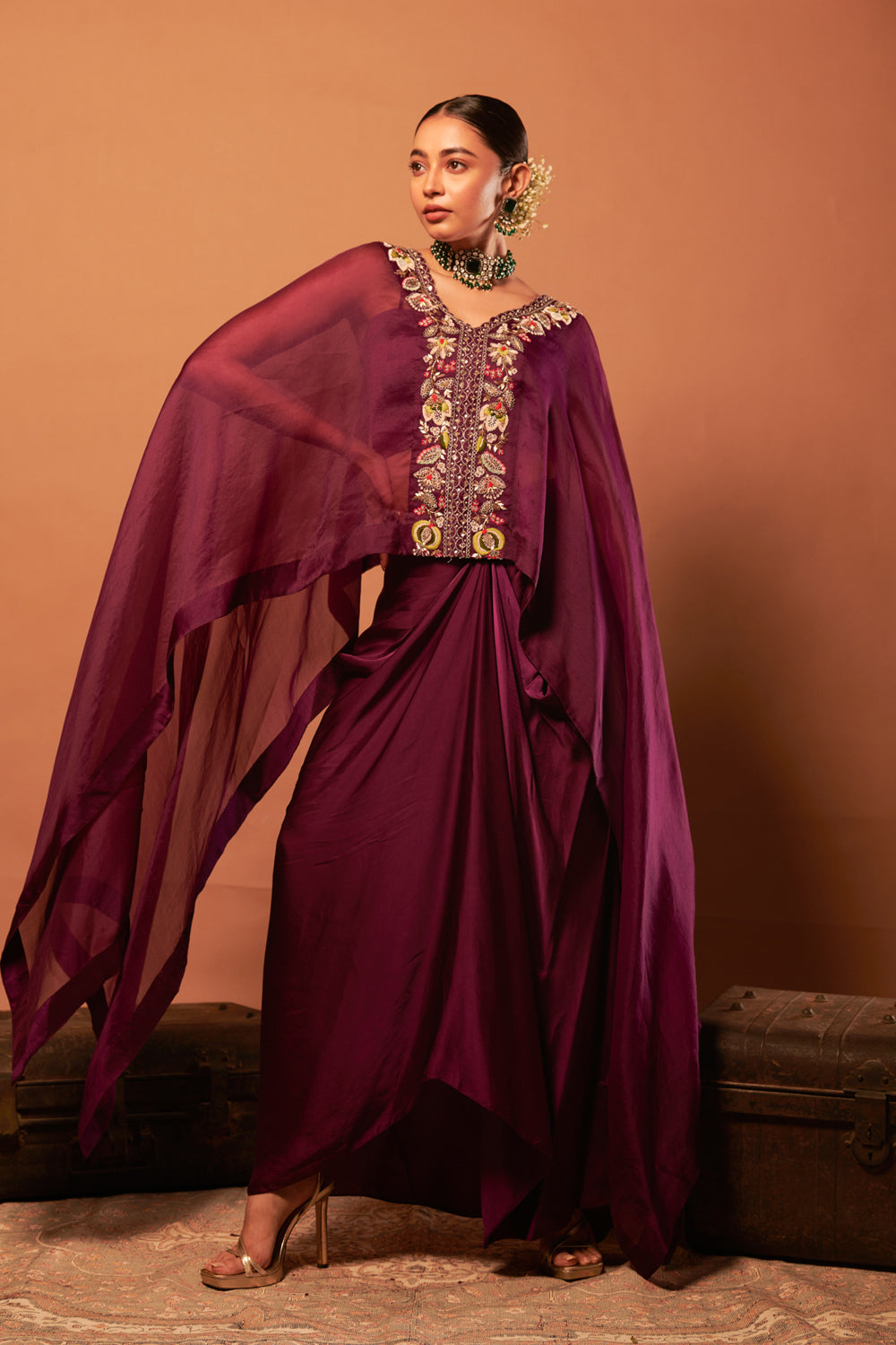 Kaftan Set With Crop Top & Drape Skirt